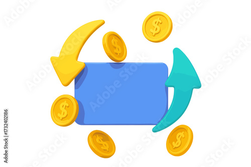 3D cashback and money refund concept. Online payment service or digital wallet with falling gold coins and transfer arrows. Financial reward program or ecommerce promotion.