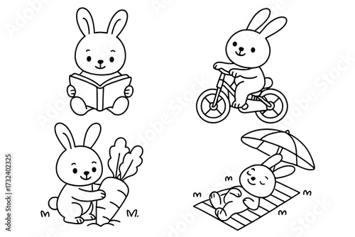 Cute rabbit character set for kids coloring book page. Kawaii bunny reading, riding bicycle, harvesting carrot, relaxing on summer beach. Isolated linear vector illustration.