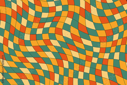 Groovy retro 70s checkered background. Wavy psychedelic optical illusion pattern. Abstract geometric vector design with a distorted checkerboard in vintage hippie colors.