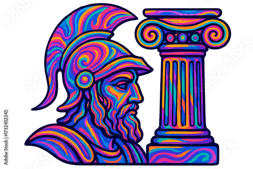 Greek warrior bust in psychedelic style. Ancient Roman soldier statue, helmet, column. Trippy abstract concept of antiquity. Vector illustration for acid rave print design.