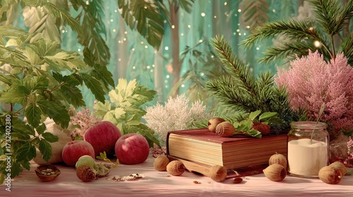 Witch Harvest - A coven ledger releases glowing blackthorn leaves and acorns, hovering above a harvest moon altar strewn with herbs