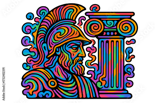 Psychedelic Greek statue vector. Trippy ancient warrior god with helmet. Abstract mythology illustration. Roman soldier sculpture & classical column. Colorful stoicism concept art.
