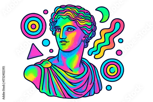 Psychedelic Greek statue in trippy neon colors. Abstract vector illustration of a classical bust with geometric shapes. Trendy Y2K, 90s fashion art in a vaporwave style.
