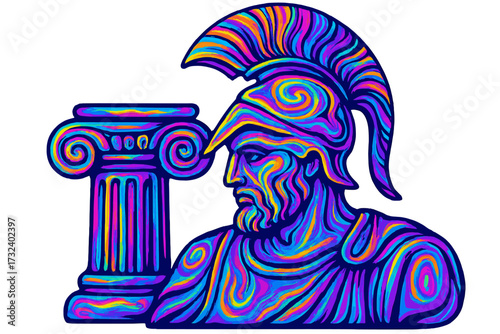 Psychedelic Greek warrior sculpture illustration. Ancient bust of a spartan soldier in a helmet with a column. Mythology concept in trippy acid colors. Vector pop art graphic.