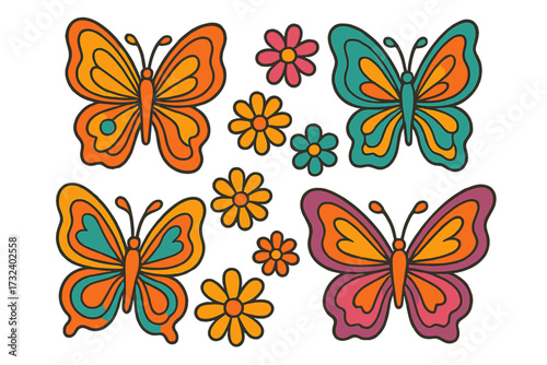 Groovy butterfly sticker set from the 1970s. Collection of vintage hippie butterflies and flowers. Bright contour design for a retro cartoon aesthetic. Hand drawn vector pack.