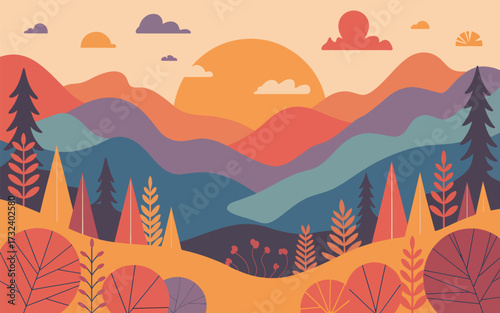 Abstract landscape with rolling hills and stylized trees