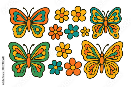 Groovy butterfly and flower sticker set. Vintage 1970s hippie style vector illustration. Retro psychedelic cartoon clipart collection with butterflies and flowers.