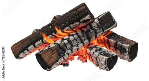Burning firewood isolated on transparent background, charred logs with flames for campfire or fireplace PNG