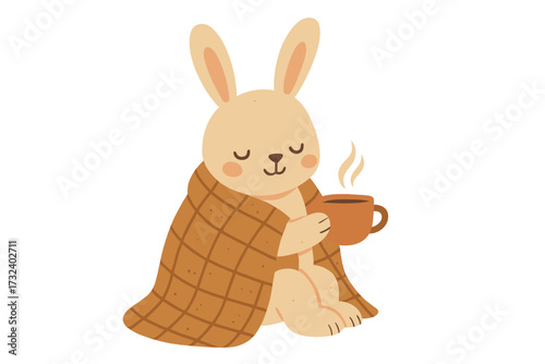 Cute rabbit wrapped in a cozy plaid blanket drinking hot tea. Adorable bunny character for winter or autumn hygge concept. Stay home, be warm. Flat vector animal illustration for kids.