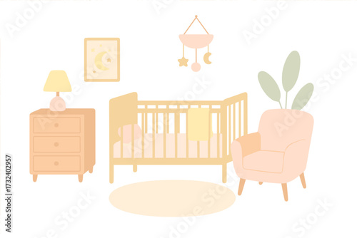 Cozy nursery interior in pastel colors. Baby room with furniture for a newborn. Child's bedroom with crib, armchair, dresser and plant. Vector flat hand-drawn illustration.