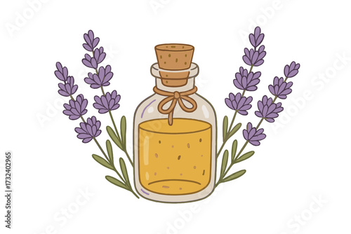 Bottle of Lavender essential oil with fresh flowers on branches. Aromatherapy concept for natural herbal cosmetics, spa, beauty, and wellness. Hand drawn vector illustration.