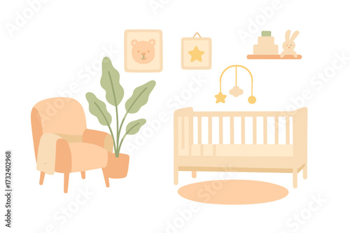Baby room interior set. Newborn nursery with furniture. Cute pastel crib, armchair, plant, toys. Cozy Scandinavian boho design. Flat vector illustration for baby shower.