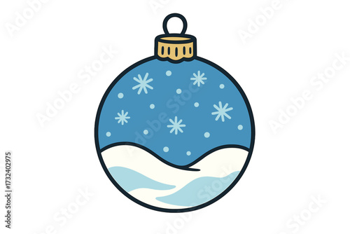 Blue Christmas ball vector icon. Isolated winter holiday ornament with snowdrifts and snowflakes. Flat hand-drawn Xmas decoration for New Year. Festive seasonal graphic element.