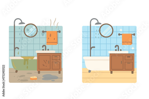 Bathroom before and after cleaning. Dirty and clean comparison. Housekeeping service, spring cleaning concept. Hygienic home interior. Flat cartoon vector illustration for banner.