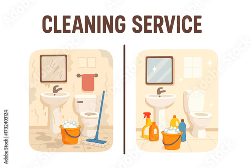 Cleaning service before and after comparison. Dirty and clean bathroom interior. Professional housekeeping and hygiene concept for home or apartment. Disinfection and housework result.