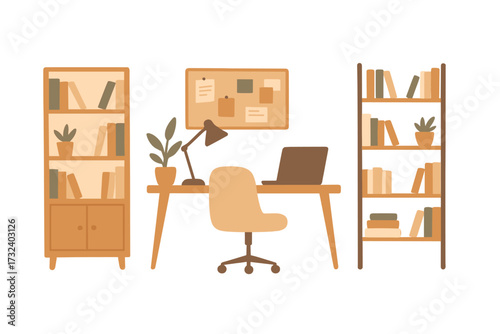 Cozy home office interior with modern furniture. Comfortable workspace with desk, laptop, chair, bookshelves, and plants. Flat vector illustration for remote work concepts.