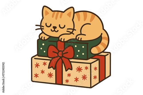 Cute cat sleeping on Christmas presents. Ginger kitten napping on a stack of gift boxes. Xmas greeting card. New Year banner design element. Isolated vector flat illustration.