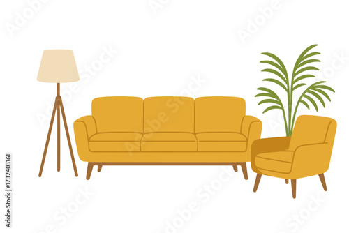 Minimalist interior design set with mid-century modern furniture. Yellow sofa, armchair, tripod floor lamp, and houseplant. Trendy Scandinavian hygge decor concept. Flat vector.