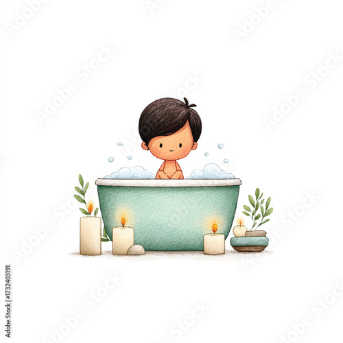 Child relaxing in a bathtub, peaceful scene, child enjoying a bath, calm and serene moment, child taking a bath, spa like atmosphere.