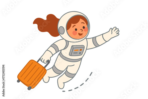 Cute female astronaut in a spacesuit flying in space with a luggage bag. Space tourism and exploration journey concept. Woman traveler character. Vector flat cartoon illustration.