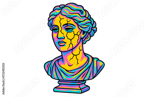 Greek bust statue in psychedelic y2k style. Vector illustration of a cracked female sculpture. Concept for mental health, psychology, emotional stress, and inner turmoil.