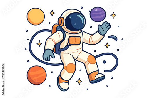 Astronaut exploring outer space. Comic cosmonaut in spacesuit on a spacewalk. Vector illustration of a character floating in zero gravity among planets and stars. Universe exploration.