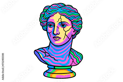 Psychedelic Greek statue vector. Trippy female bust with cracked face in y2k rave style. Ancient antique sculpture illustration. Concept of mental health, chaos, stress.