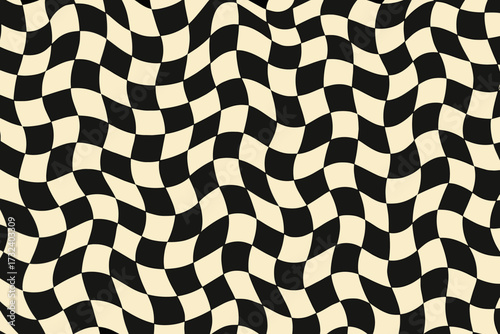 Groovy distorted chessboard seamless pattern. Trippy wavy grid background. Retro 60s 70s psychedelic op art style. Warped checkerboard abstract vector illustration backdrop.