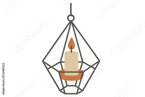 Decorative candle in a scandinavian geometric candlestick for hanging. Minimalist hygge home decor element. Modern interior design object. Vector flat illustration isolated on white.