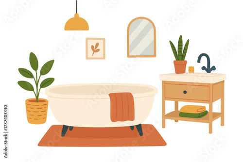 Bathroom interior furnished with bathtub, washstand. Modern scandi style. Cozy room concept. Home decor with plants. Flat vector illustration of bath furniture design element.
