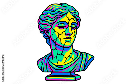 Cracked Greek goddess bust in trippy psychedelic colors. Y2K vaporwave cartoon vector illustration. Metaphor for mental health, psychology, stress, emotional problems, trauma.