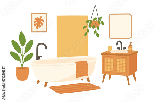 Modern bathroom interior in cozy Scandi style. Vector illustration of home furniture with bathtub, washstand, and plants. Hygge concept for home decor and design isolated.