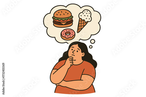 Metaphor of diet and bad eating habits. Overweight woman craving unhealthy junk food. Person thinking about fast food burger, donut, ice cream. Concept food addiction, obesity.