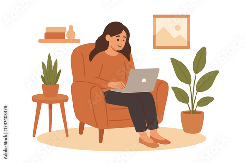 Female freelancer working on laptop at home. Remote work concept. Young woman sitting in armchair in cozy room interior. Employee, student studying. Online job from home.
