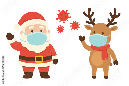Christmas during COVID-19 pandemic. Santa Claus and reindeer in face mask practicing social distancing. Coronavirus protection and prevention concept. Cute cartoon vector.
