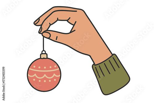 Woman hand holding red Christmas tree ball ornament. Xmas decoration concept. Winter holiday celebration. Isolated vector flat illustration for festive design projects.