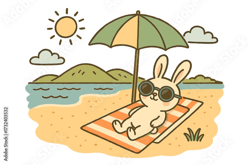 Cute bunny on summer vacation. Hand drawn rabbit character in sunglasses relaxing on a beach towel under a parasol. Cartoon animal sunbathing by the sea. Flat vector illustration.