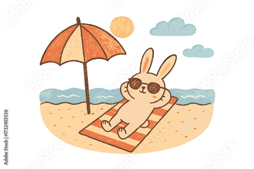 Cute bunny on summer vacation. Hand drawn rabbit in sunglasses relaxing on beach. Animal sunbathing on towel under parasol. Cartoon character for kids. Isolated vector flat design.