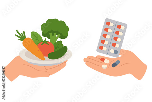 Healthy food vs pills. Choice between natural vegetables and medical drugs. Alternative and conventional treatment concept. Nutrition, diet, and healthcare decision making.