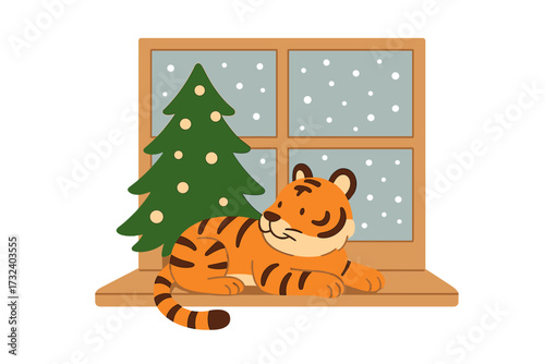 Cute tiger cub on windowsill with Christmas tree. New Year greeting card. Snowy winter day vector illustration. Chinese new year symbol. Holiday animal character design.
