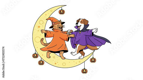 Spooky Serenade: A charming cat dressed as a witch and a dog in a vampire costume dance joyfully on a crescent moon, surrounded by dangling jack-o'-lanterns.