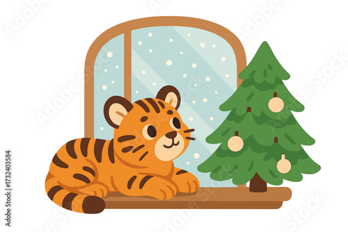Cute tiger cub on windowsill by a Christmas tree. Winter holiday scene with snow. New Year greeting card. Cartoon animal character vector illustration for festive design.