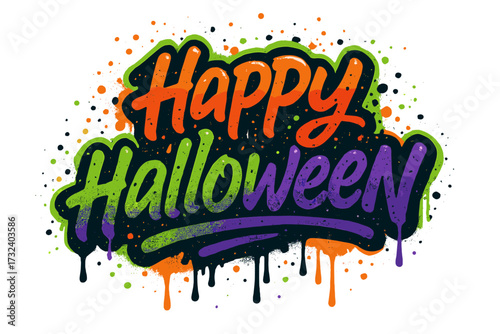 Happy Halloween graffiti lettering. Urban street art style text with colorful spray paint splashes, splatters and drips. Vector illustration for posters, t-shirts, cards.