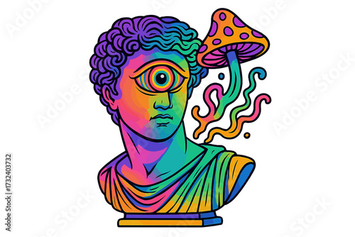Psychedelic Greek sculpture with trippy magic mushroom. Surreal vector illustration of an ancient bust with a cyclops eye. Retro Y2K vaporwave creative poster concept art.