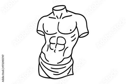 Antique Greek statue man torso. Ancient roman sculpture male body. Linear icon sketch vector. Classic god silhouette for logo. Mythology art. Minimalist muscle abs figure.