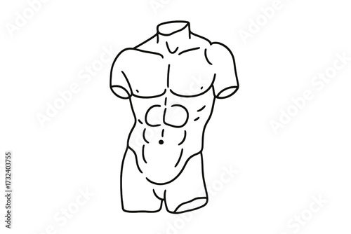 Antique greek statue male body. Isolated ancient sculpture of a man's torso. Linear icon and silhouette sketch. Contemporary minimalist vector art. Hellenic Roman god figure.