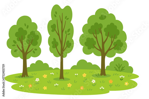 Summer landscape with trees and flowers on green grass. Cartoon vector illustration of a forest glade or park. Nature background for kids. Flat simple scenery.