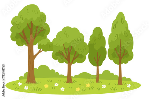 Vector cartoon summer landscape with green trees on a grassy hill with flowers. Cute flat hand drawn illustration of a park or forest scene. Natural eco background for children.