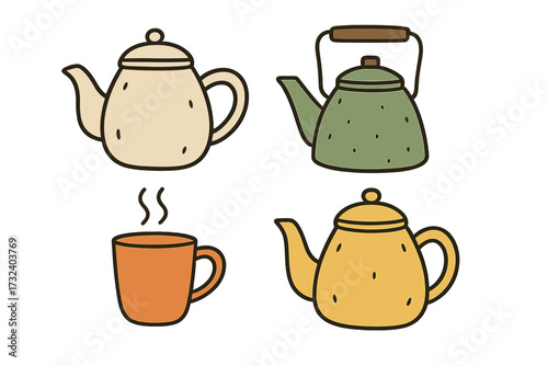Hand drawn teapot and kettle collection. Doodle style vector illustration of warm drinks like tea and coffee. Cozy hygge Scandinavian simple linear icons for kitchenware.
