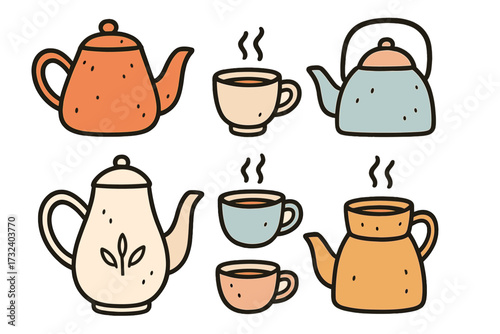 Doodle teapot and tea cups collection. Scandinavian cozy simple hygge line art. Hand drawn pot, kettle, mug for tea, coffee, warm drinks. Vector icon set illustration.